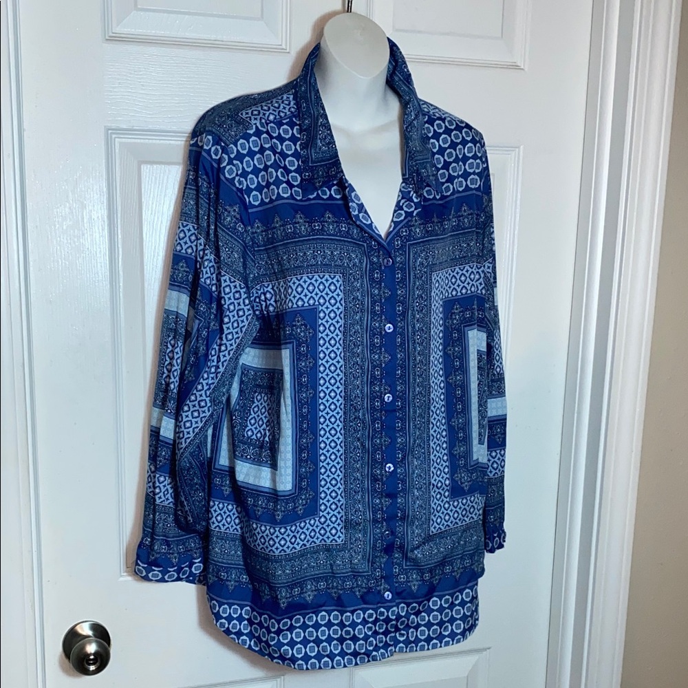 Roz & Ali Blue Geometric Print Top Bandana Plus Size 2X